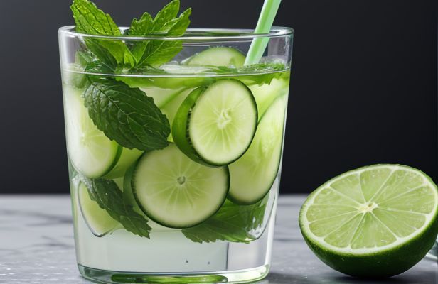 Agua de Pepino y Hierbabuena con Limón Verde y Jengibre Fresco