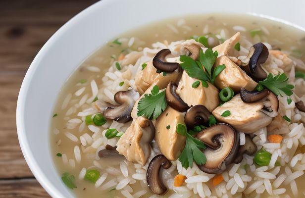 Arroz Meloso con Setas Silvestres y Caldo de Pollo Casero