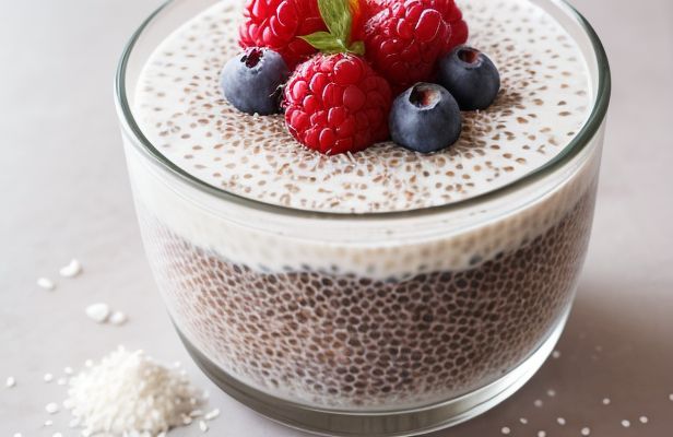 Budín de Chía y Coco con Frutos Rojos y Esencia de Vainilla Natural