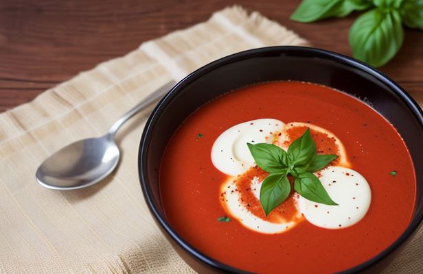 Crema de Tomate Rostizado con Albahaca Fresca y un Toque de Nuez Moscada