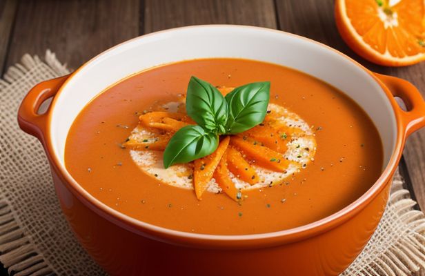 Crema de Tomate Rústica con Albahaca Fresca y Toque de Naranja