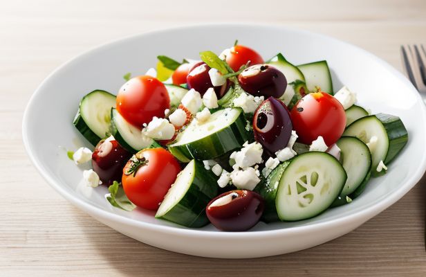 Ensalada Mediterránea de Tomate, Pepino, Aceitunas y Queso Feta