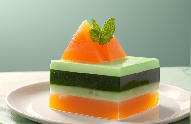 Gelatina de Melón y Menta con Cubos de Pepino y Naranja Ácida