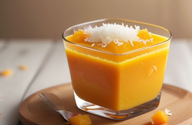 Gelatina de Naranja y Jengibre con Trozos de Mango y Coco Rallado