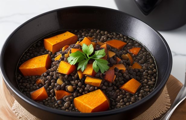 Lentejas Beluga Estofadas con Calabaza Asada y Hierbas Frescas