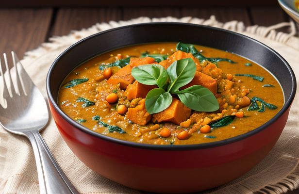 Lentejas Rojas al Curry con Coco y Espinacas Frescas Asadas