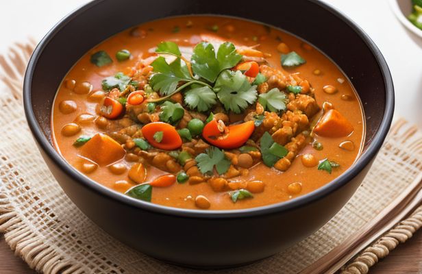 Lentejas al Curry Rojo con Leche de Coco y Cilantro Fresco