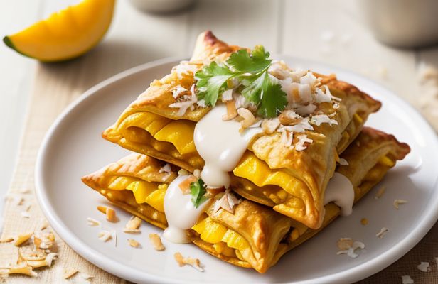 Pastelitos de Pollo al Curry con Salsa de Mango y Coco Tostado