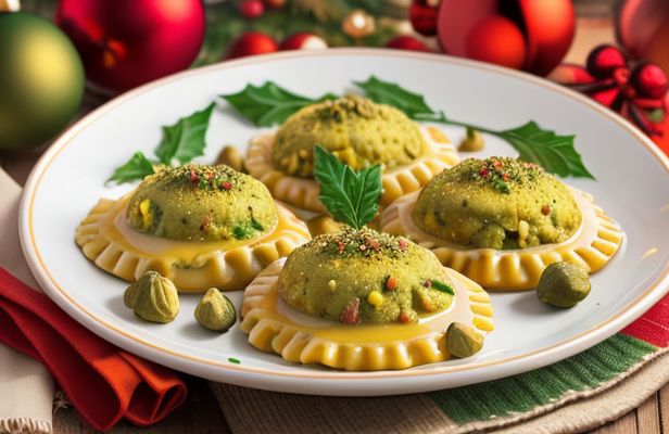 Ravioles de Naranja Con Crema de Pistacho y Especias de Navidad