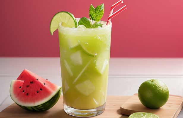 Refrescante Agua de Sandía Roja y Lima con Jengibre Caramelizado