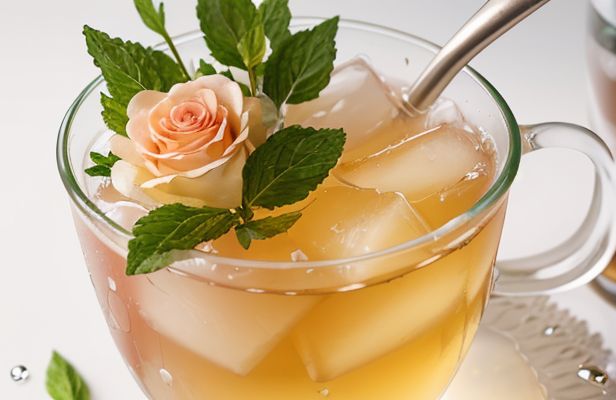 Té Helado de Melocotón Blanco, Menta Fresca y Pétalos de Rosa Confitados